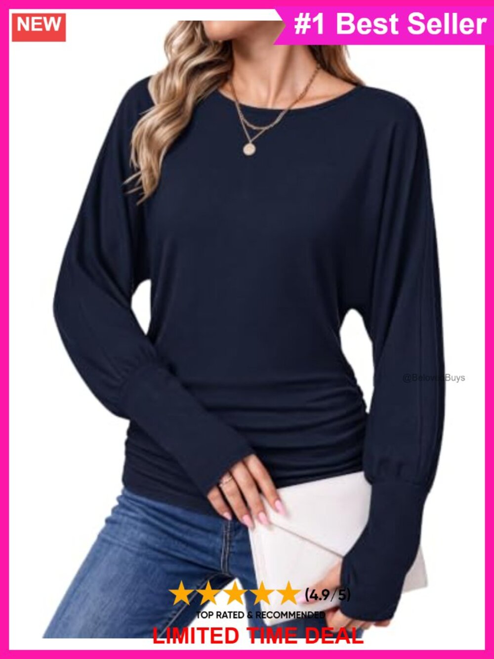 Women's Dolman Long Sleeve Top Ruched Hem Thumb Holes Blouson Pullover